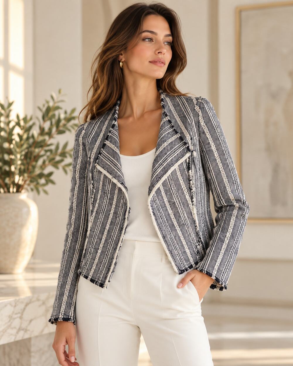 Derek Lam Tweed Blazer Jacket 6 Small Midnight Stripe Open Cropped Angled Lapel